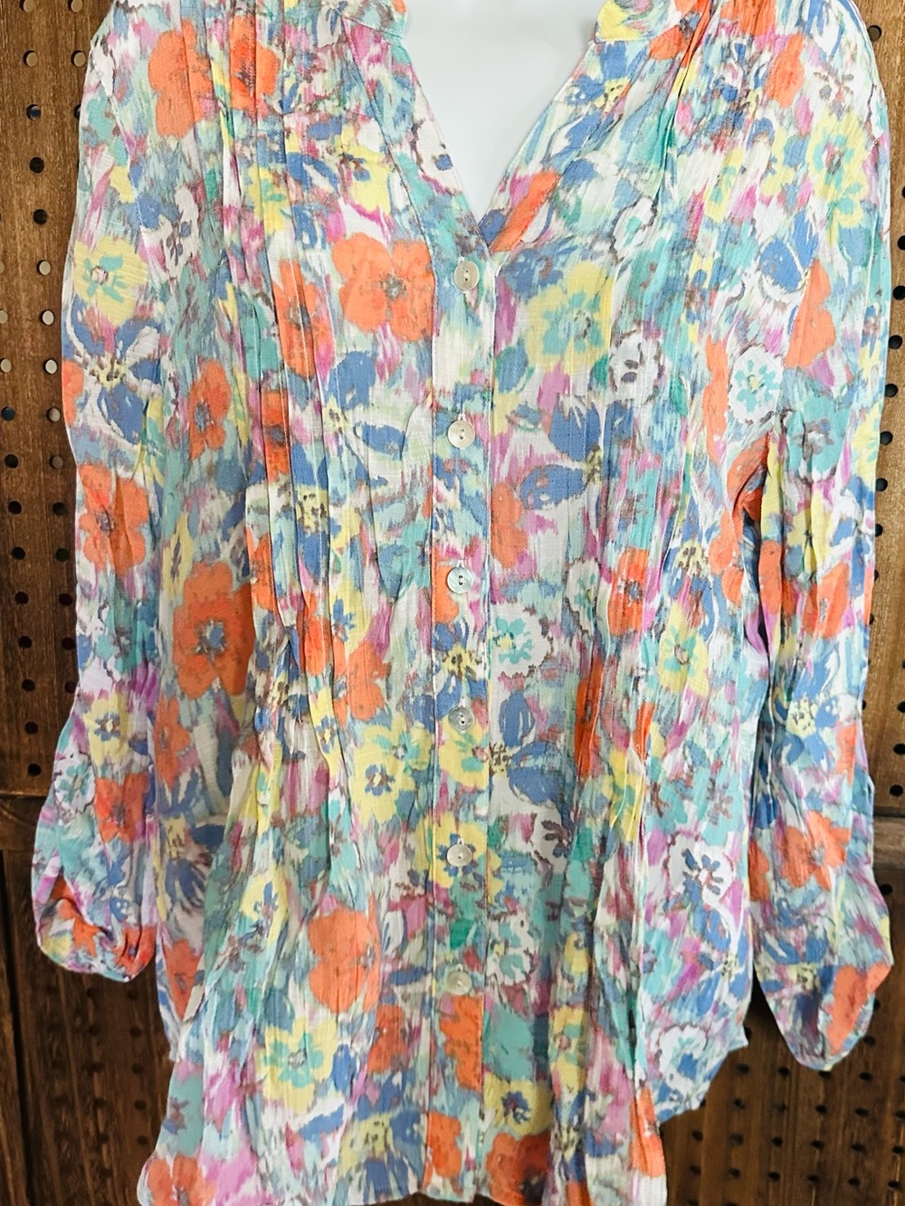 Floral Button-Front Women's Blouse in Multicolor Size L